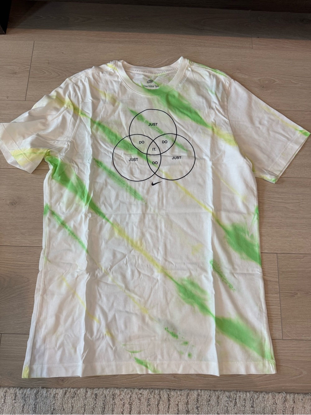 Nike White Short-Sleeve 'Just Do It' Tee with Green and Yellow Tie-Dye